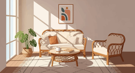 Cozy living room interior with rattan furniture and warm sunlight.