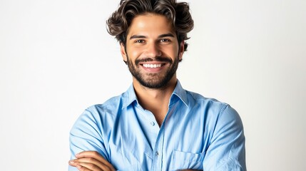 Confident smiling businessman in blue shirt with crossed arms against a white background