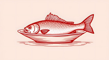 A beautifully illustrated fish laying on a plate, highlighted in a striking red outline against a soft beige background.