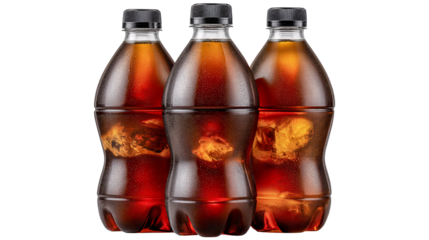 Refreshing Trio Three cold, inviting bottles, filled with a dark, effervescent drink. The clear, refreshing drink beckons with ice, a visual ode to taste and refreshment.