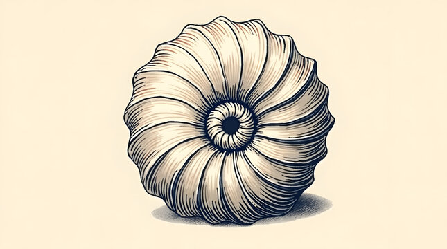 Intricate brown and cream nautilus shell against a soft beige background.