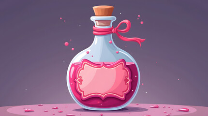 A whimsical glass potion bottle with a pink potion inside, adorned with a ribbon and a blank label.