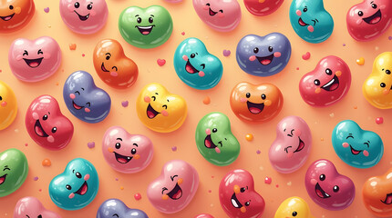 Fototapeta premium A vibrant assortment of colorful heart-shaped candies, each with a cheerful smile, creating a joyful and playful atmosphere.