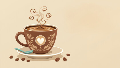 Obraz premium Illustration of a steaming cup of coffee with a heart design on a saucer with scattered coffee beans
