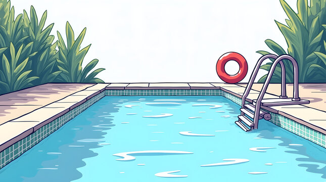 A vibrant pool scene with a red lifebuoy and lush greenery in the background, creating a refreshing and inviting atmosphere.