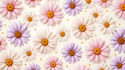 A vibrant arrangement of pink and purple daisies on a light background, creating a cheerful and lively atmosphere.