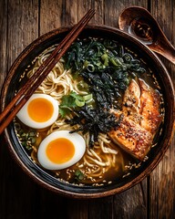 Top view Japanese ramen bowl with soft-boiled egg, grilled salmon, and seaweed in rich broth on rustic wooden table, perfect for food branding and restaurant menus, ramen lifestyle image