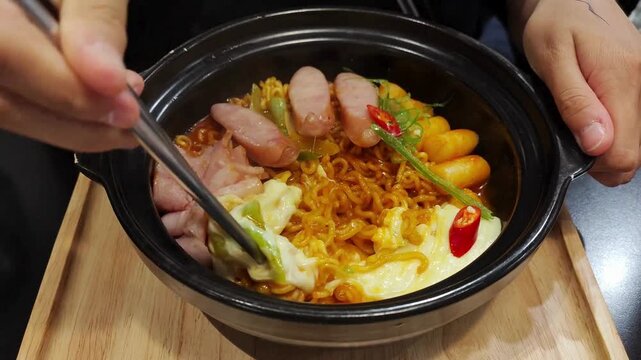 Delicious Korean Fusion Food Melting Cheese and Spicy Ramyeon in Hot Pot