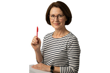 Isolated mature woman with glasses holding pen thinking with creative idea inspiration