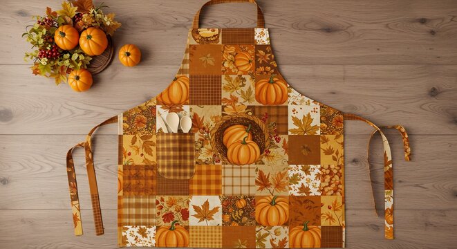 Handmade autumn patchwork apron with pumpkin and leaf patterns on a wooden table.