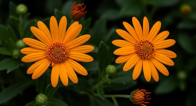 Two bright orange daisy flowers with green buds and dark foliage bloom blossom