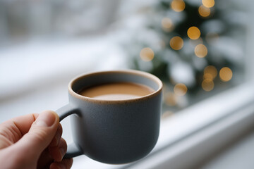 Cozy winter morning: hand holding coffee mug by snowy window and christmas tree