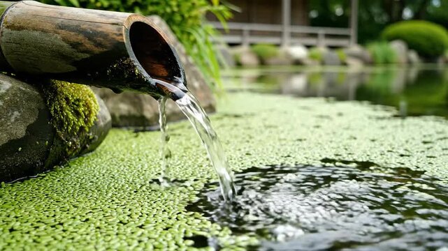 Serene Japanese Garden 4K Bamboo Fountain Flowing into a Pond with Lush Greenery