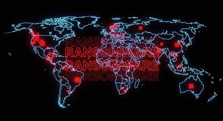 World map highlighting ransomware attacks, depicting the global impact of cyber threats and data breaches with a digital, futuristic aesthetic