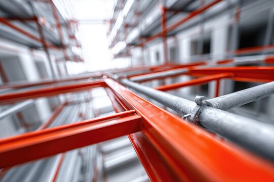Red Scaffolding Elements And Steel Pipes In Modern High-Rise Construction. Structural Frame Detail With Blurred Urban Background