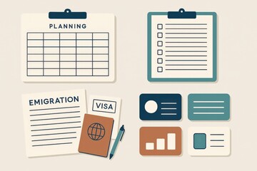 Strategic Planning Tools for Emigrants Featuring Visa Applications, Checklists, and Progress Tracking in a Clean Minimalist Digital Style captured with clarity