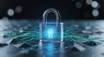 Digital data protection with a glowing padlock over a dark background, representing cybersecurity and data encryption in a modern and technological way