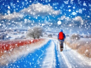 A lone adventurer traverses a snow-covered mountain trail amid falling snowflakes, embracing the peaceful winter wonderland.
