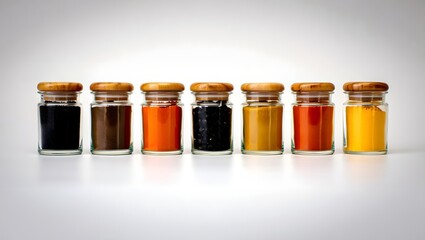 A row of glass jars filled with colorful spices, a vibrant display of culinary ingredients