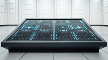 A futuristic display panel with grid-like screens, illuminated with blue accents, set in a sleek, modern environment.