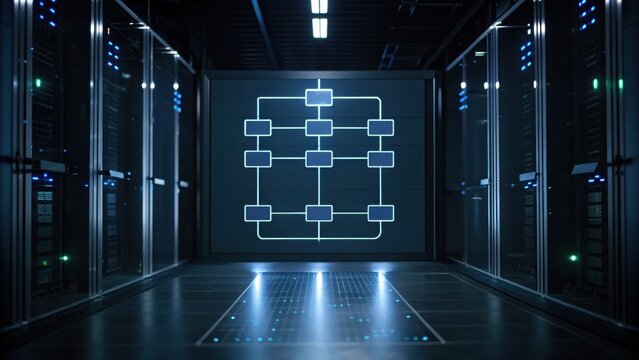 A dimly lit server room with illuminated racks and a digital flowchart displayed on a wall, showcasing a network or data processing structure.
