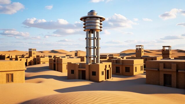 A tranquil desert scene featuring traditional buildings and a tall water tower, surrounded by soft sand dunes and a clear blue sky.