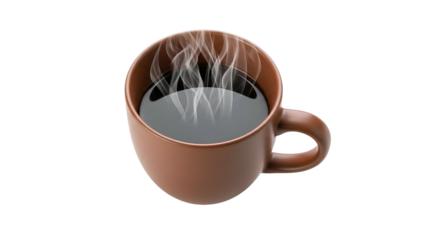 A brown mug filled with hot dark liquid, emitting wisps of steam against a black backdrop