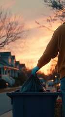 Person in glove placing full black trash bag into a garbage bin on a residential street at sunset, waste disposal