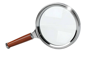 Shiny, detailed magnifying glass with a wooden handle, centered on a black background