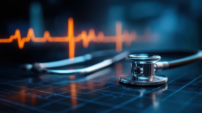 Stethoscope on illuminated grid with abstract orange ecg waveform symbolizing advanced cardiac care technology and health monitoring
