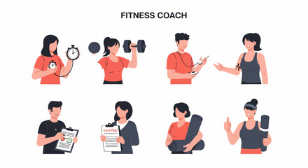 Illustrations of various fitness coaches performing tasks like timing lifting planning and holding mats