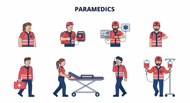Illustration of eight paramedics in uniform performing various medical tasks