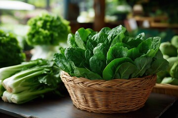 Fresh organic green vegetables in woven basket displayed at farmers market