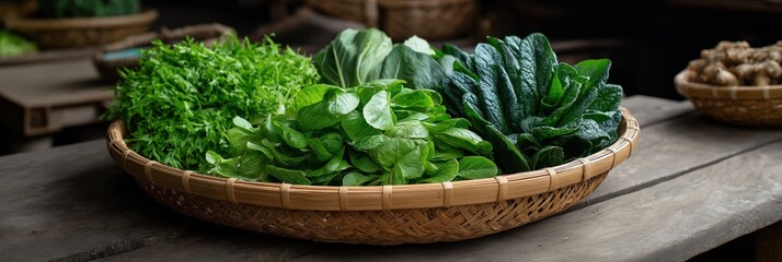 Fresh green vegetables in woven basket on wooden table