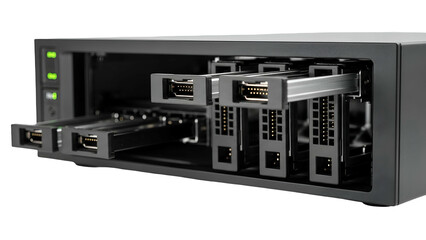 Obraz premium Black server rack showing bays with open slots, ports, and guide rails