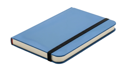A closed, sky-blue, rectangular notebook with an elastic band on a black background