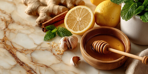 Fresh ginger, lemon slices, honey in wooden bowl, garlic cloves, mint leaves, and cinnamon sticks arranged on marble countertop create vibrant and inviting kitchen scene