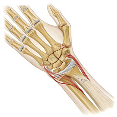A detailed illustration of the human wrist joint is isolated on a white background, showing bone structure, anatomy,