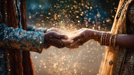 A beautiful Indian man and woman, a bride and groom, in traditional wedding attire, exchanging sand as a symbol of unity and love.
