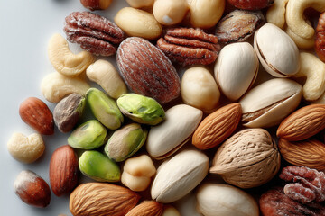 Top down view of variety of nuts including almonds, pistachios, cashews, and pecans, showcasing their diverse textures and colors, creating visually appealing and healthy snack option