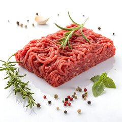 A portion of raw minced meat is isolated on a white background, highlighting its texture, freshness,