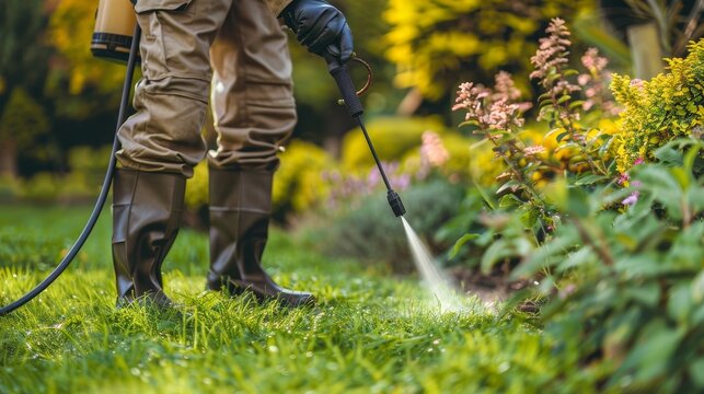 Worker spraying pest control on vibrant green lawn for efficient pest management solutions