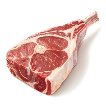 A raw mutton leg piece is isolated on a white background, highlighting its texture, freshness, and suitability for various