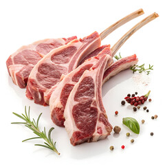 Raw mutton ribs are isolated on a white background, highlighting their marbling, texture, freshness,