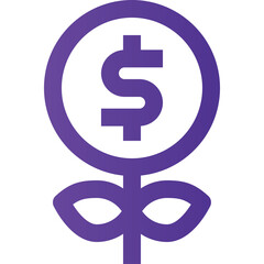 Abstract purple icon representing money growth and financial investment stylized as a plant with a dollar sign on a transparent background