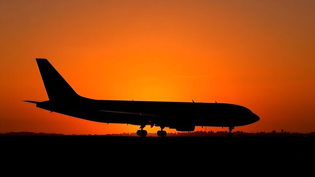 jetliner. Jetliner silhouette against a vibrant sunset sky, viewed from the tarmac with warm hues. inspiring travel planning, mobility guides, designed for mobility and urban transit guides.