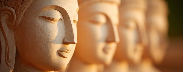Cinematic close up of intricately carved wooden Buddha statues adorned with subtle light, concept of spirituality, religion and traditional Asian art. Banner with copy space