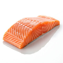 A raw salmon fillet is isolated on a pure white background, displaying its vibrant orange color, freshness,