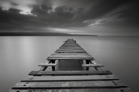 Broken wooden pier black and white