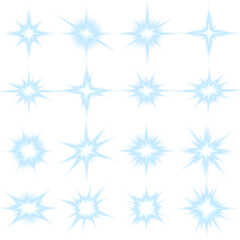 Blue starbursts radiate brightly across a gradient background, adding sparkling lens flare effects...